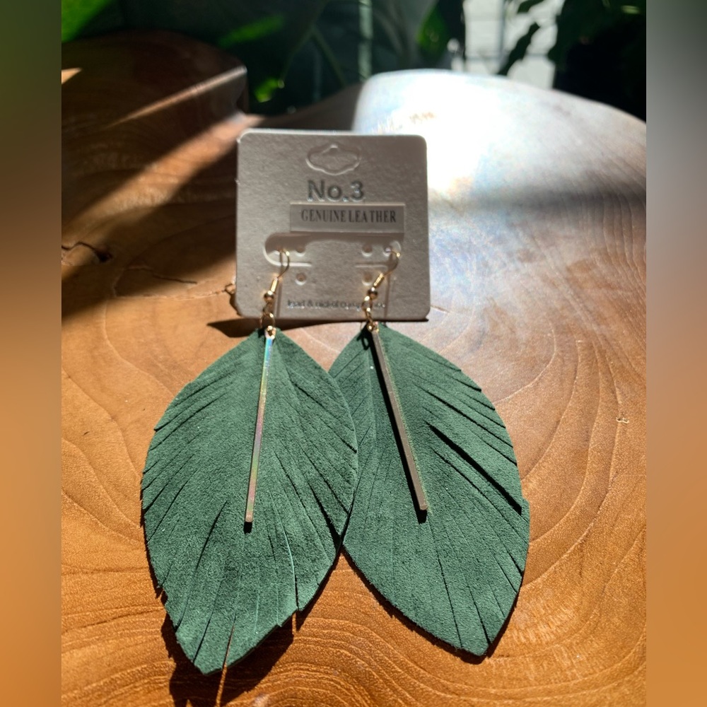 Emerald green genuine leather leaf shaped earrings